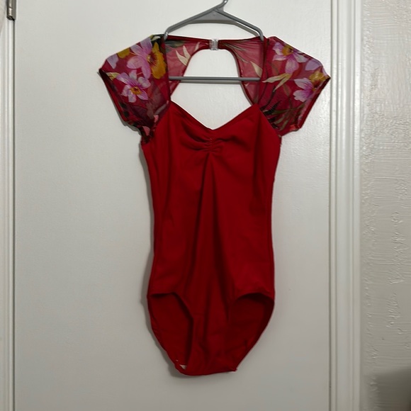 Eleve leotard - size small. Red body, red mesh with flowers. - Picture 1 of 2
